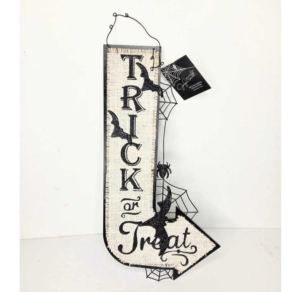 Trick or Treat Halloween Directional Arrow Sign Burlap Bats Spiderwebs Decor